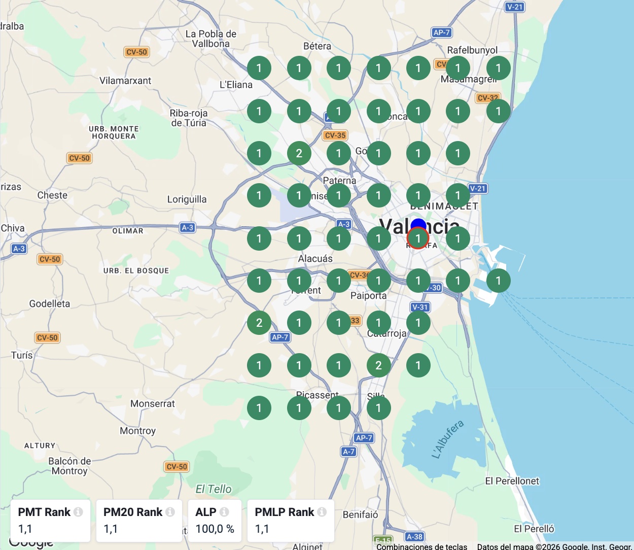 Mapa de Valencia con una cuadrícula de puntos que muestran la posición del concesionario en Google Maps desde cada zona; casi todos los puntos marcan la primera posición.