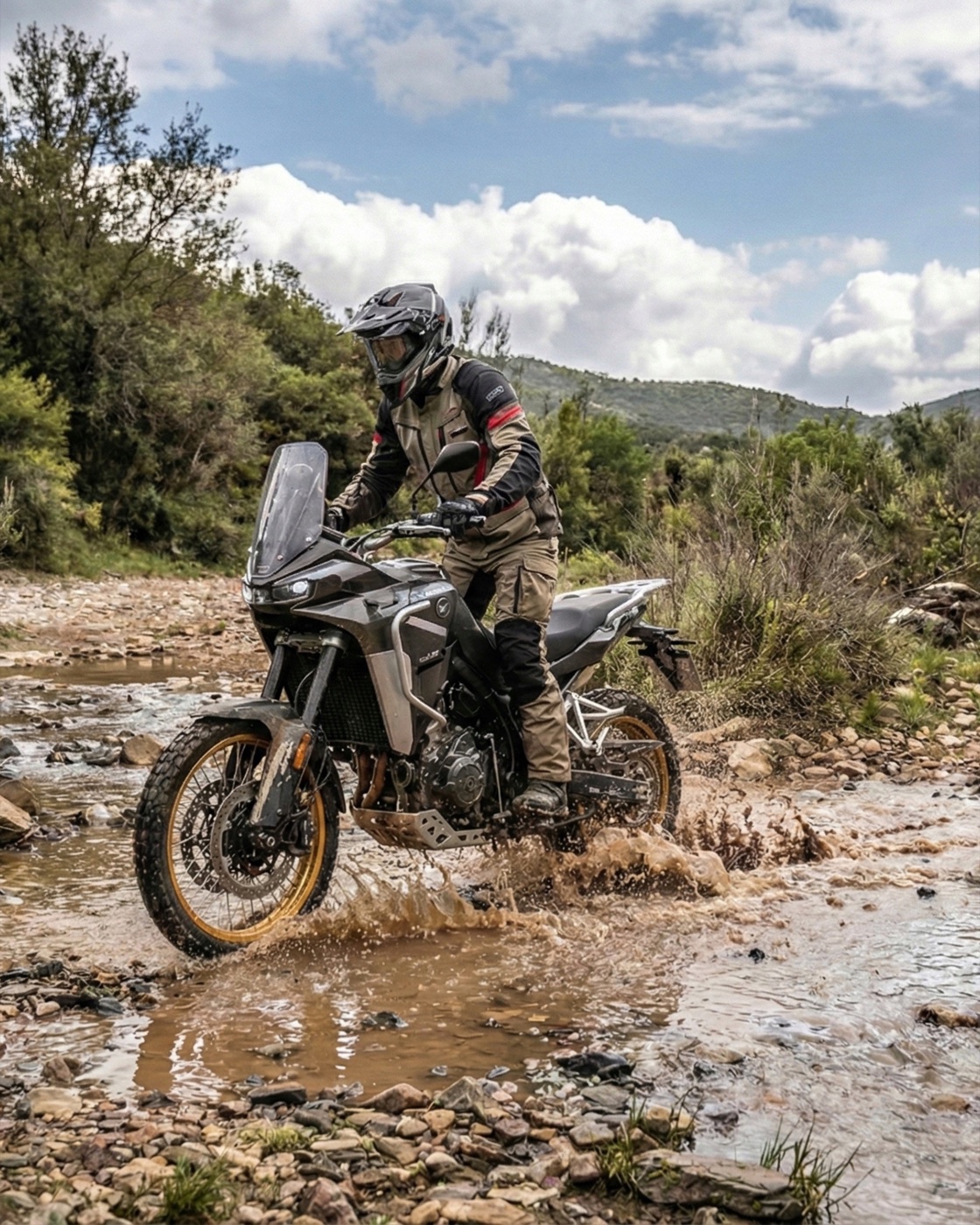 Moto de aventura cruzando un río